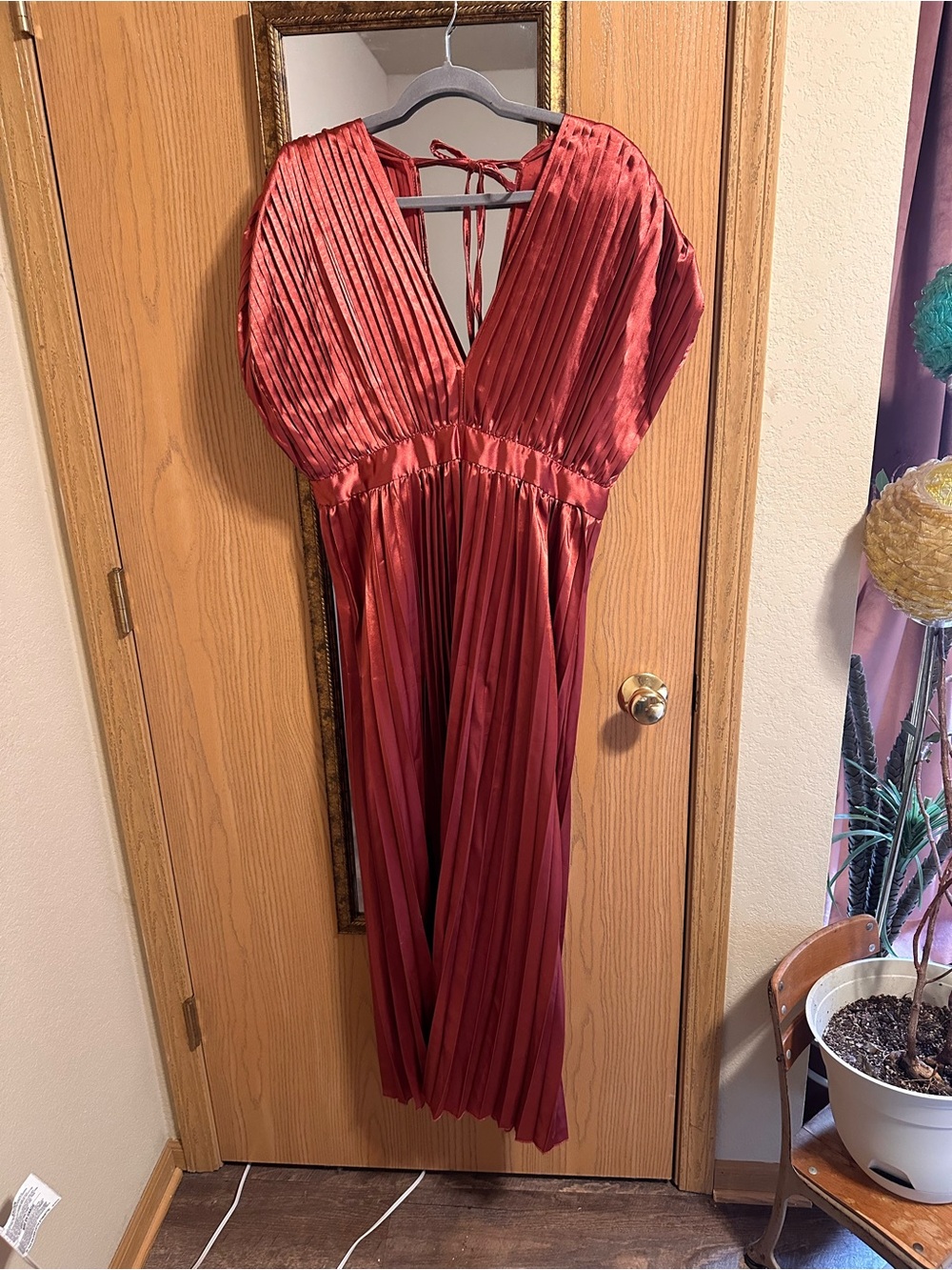Pleated Deep V Maxi Dress - Rust Rosy Red Wedding Guest Dress